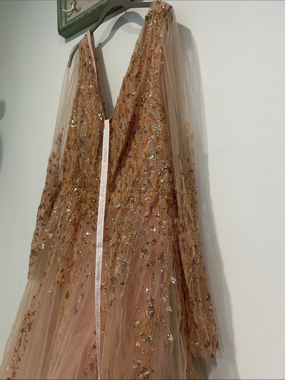 Mac Duggal Blush Champagne Embellished v neck Tulle Maxi Gown plus size 24 new - Picture 6 of 14